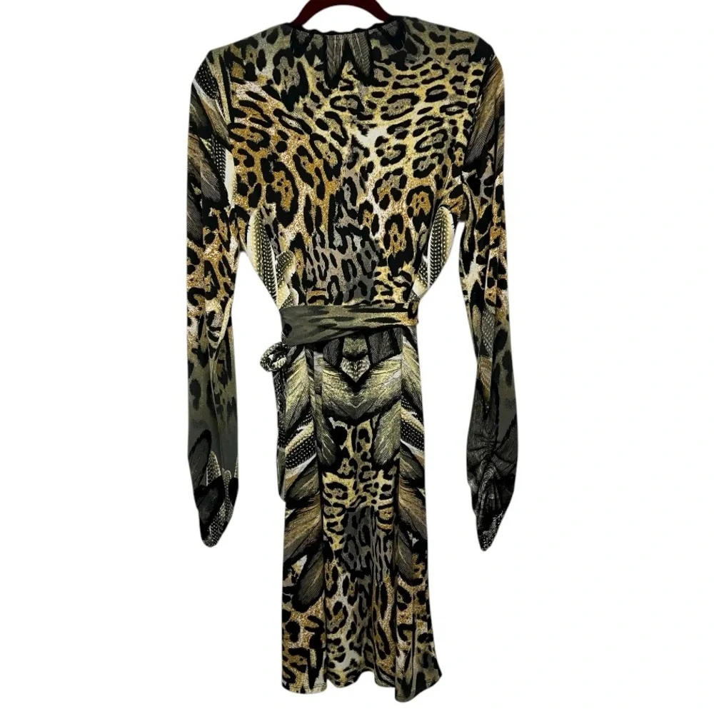 Hale Bob Animal Print Long Sleeve Faux Wrap Dress Women’s Medium - Picture 5 of 12